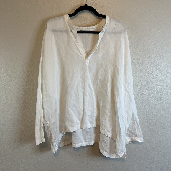 Eskander Shirt Onesize White Linen V Neck Blouse Top Lagenlook Boho Coastal - Picture 1 of 8